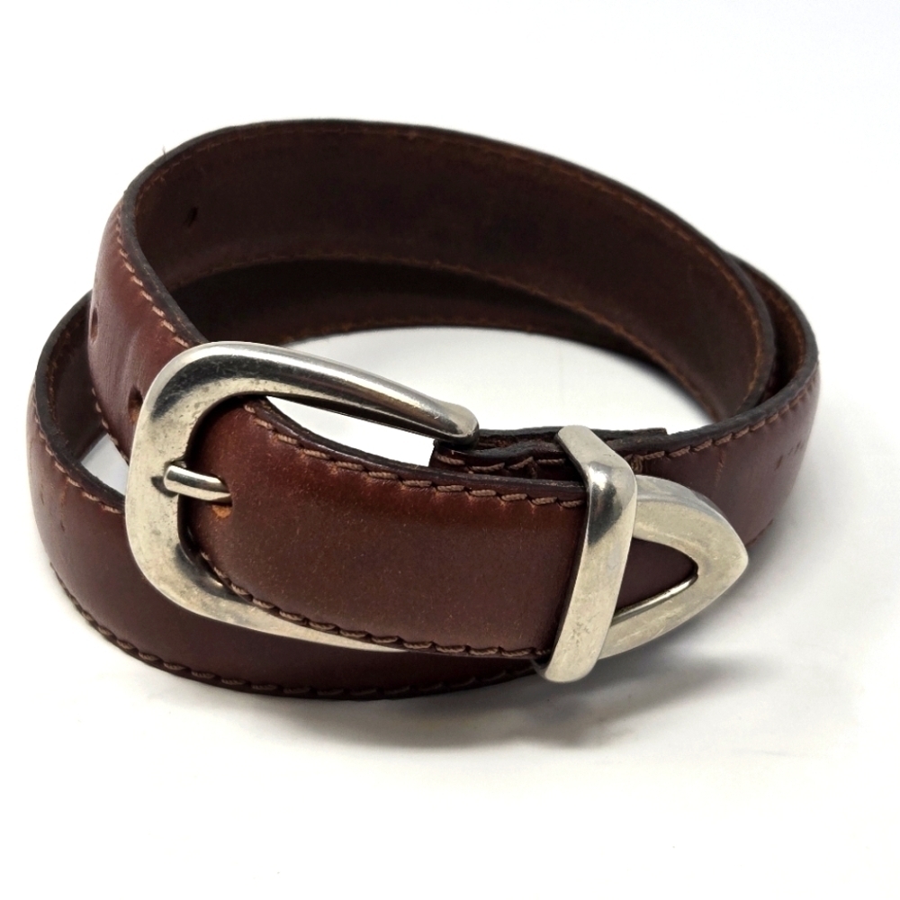 VINTAGE OLD NAVY BROWN ITALIAN LEATHER BELT SILVER BUCKLE END CAP UNISEX MEN 28